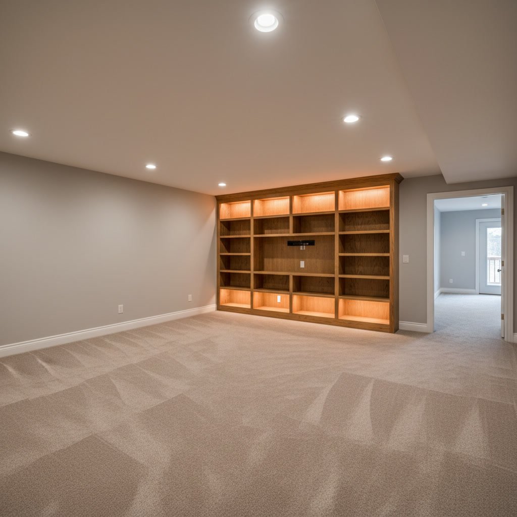 Finished basement with carpet flooring and recessed lighting in Waterford home