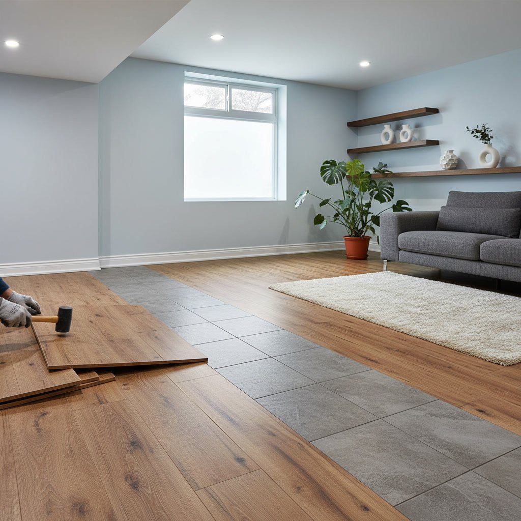 Luxury vinyl plank flooring installation in an Oakland County basement
