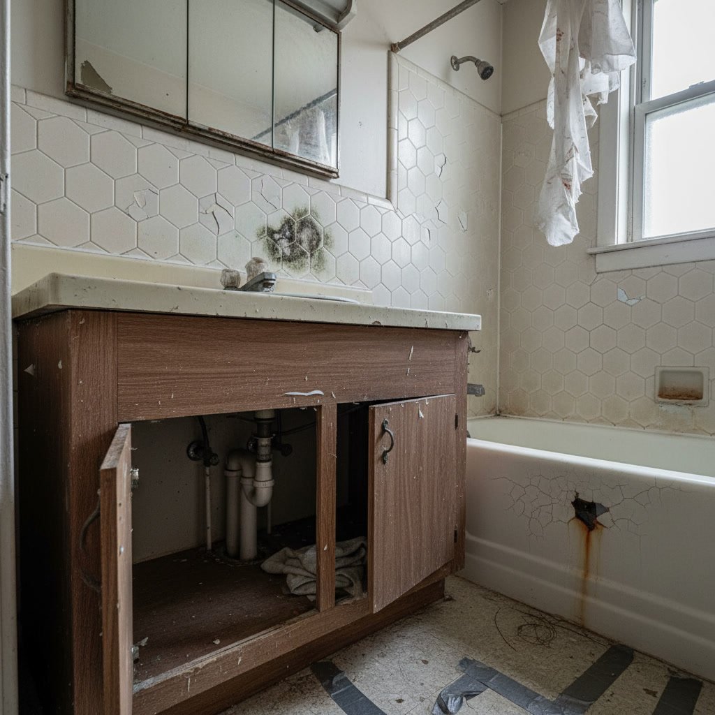 Bathroom with visible water damage and structural issues requiring full remodel