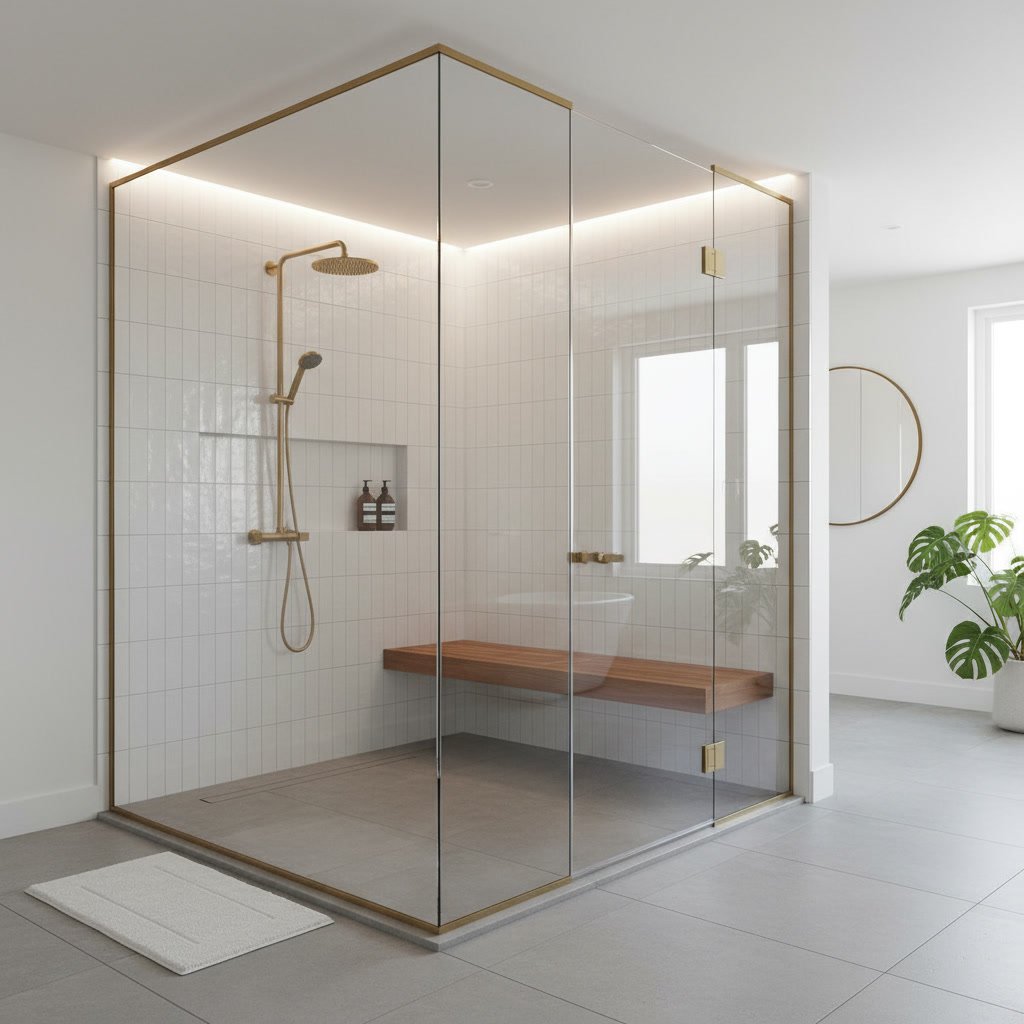 Modern walk-in shower with glass enclosure and tile walls