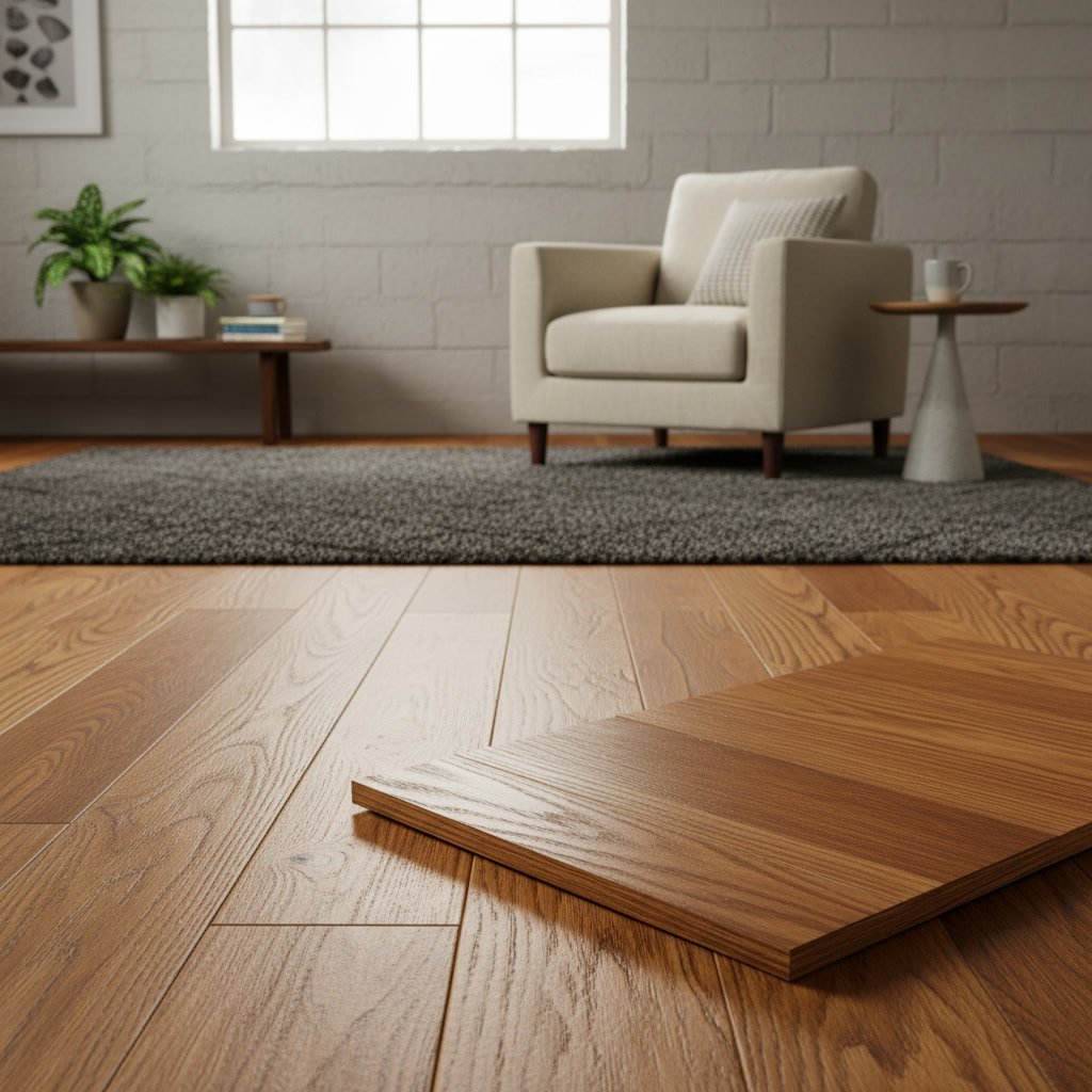 Engineered hardwood flooring in a finished basement with proper moisture barriers