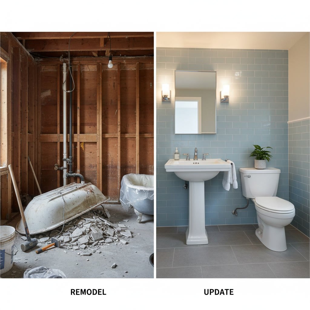 Comparison of bathroom before and after simple cosmetic updates