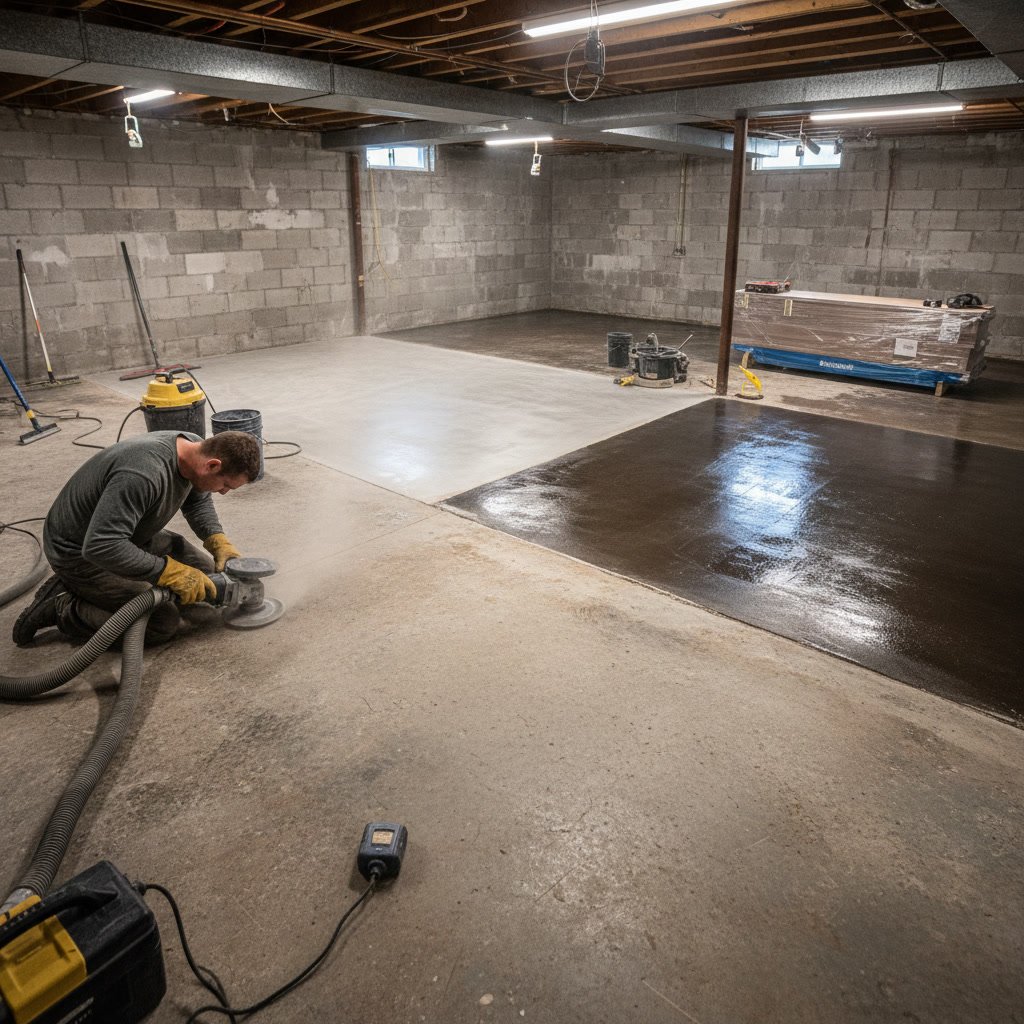 Finished basement with stained concrete flooring in an Oakland County home
