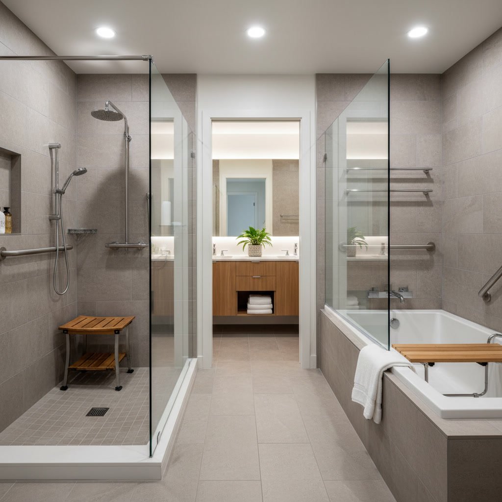 Accessible walk-in shower with bench and grab bars