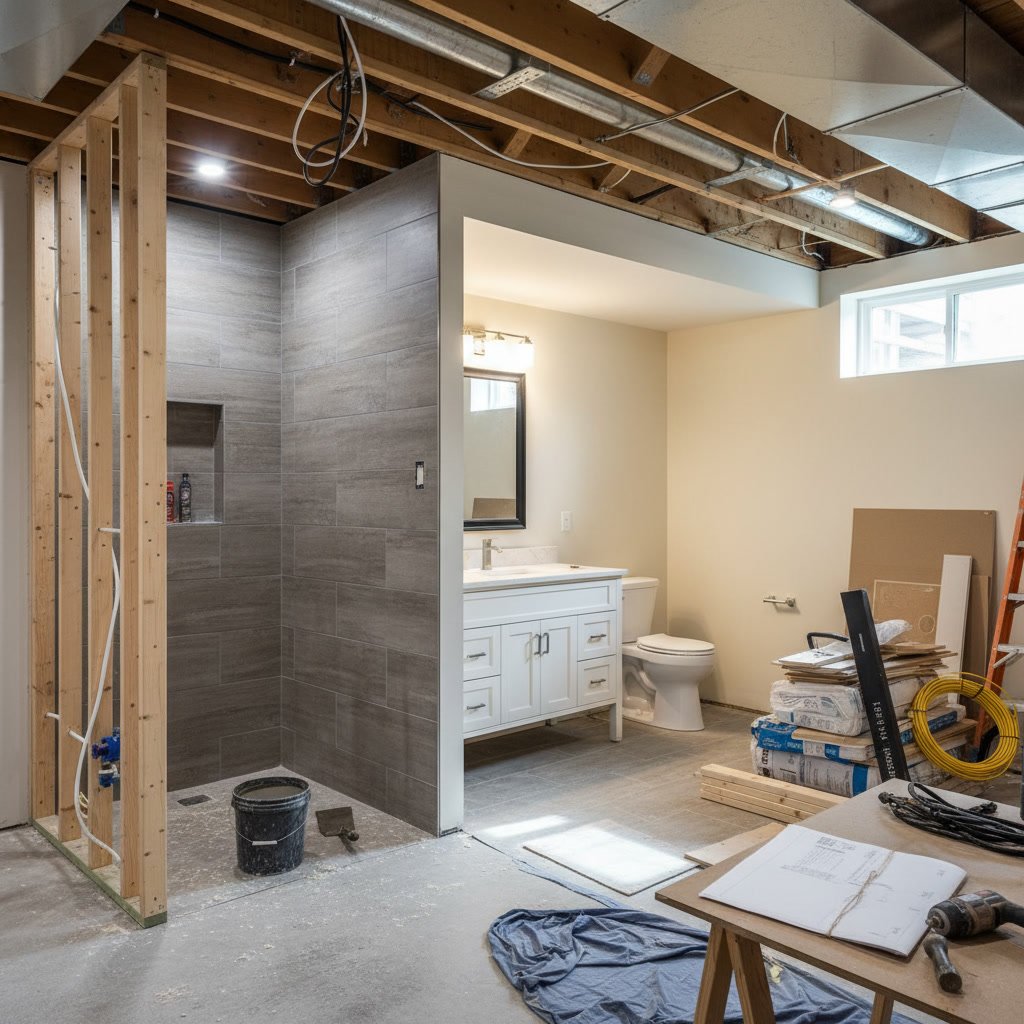 Finished basement with modern flooring and lighting in Waterford Michigan home