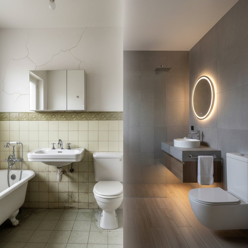 Bathroom showing comparison between outdated features and modern remodel potential