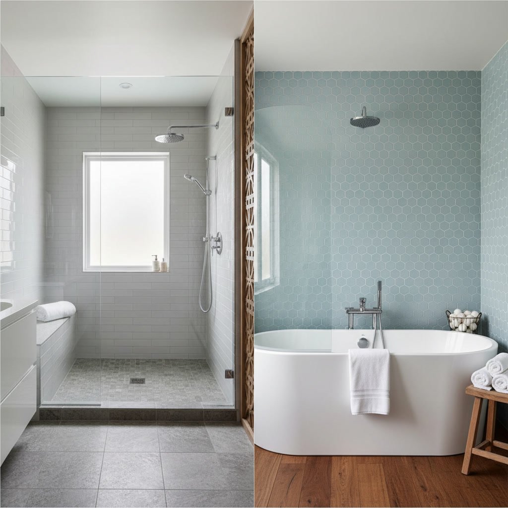 Modern bathroom featuring walk-in shower and tub comparison layouts