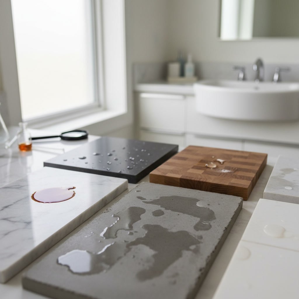 Modern bathroom vanity showcasing different countertop material options