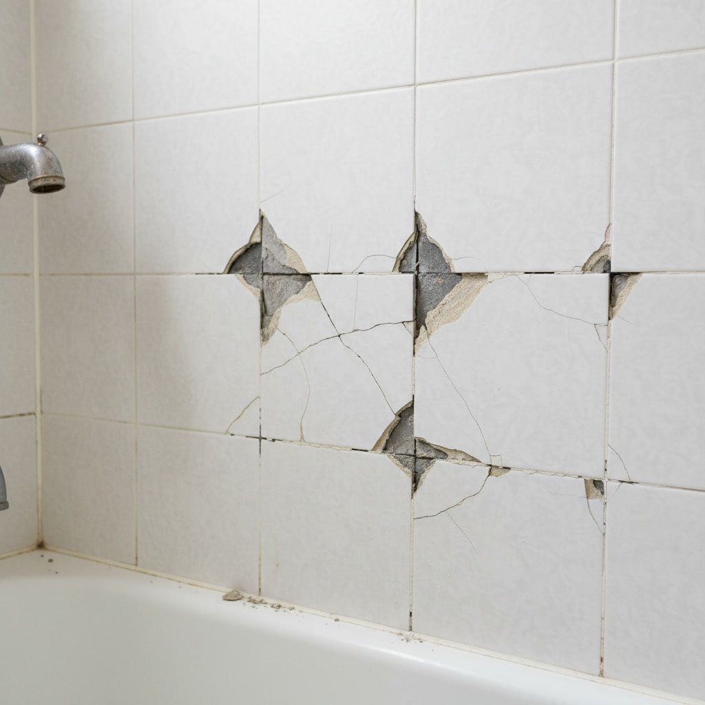 Close-up of cracked and deteriorating grout lines in bathroom tile