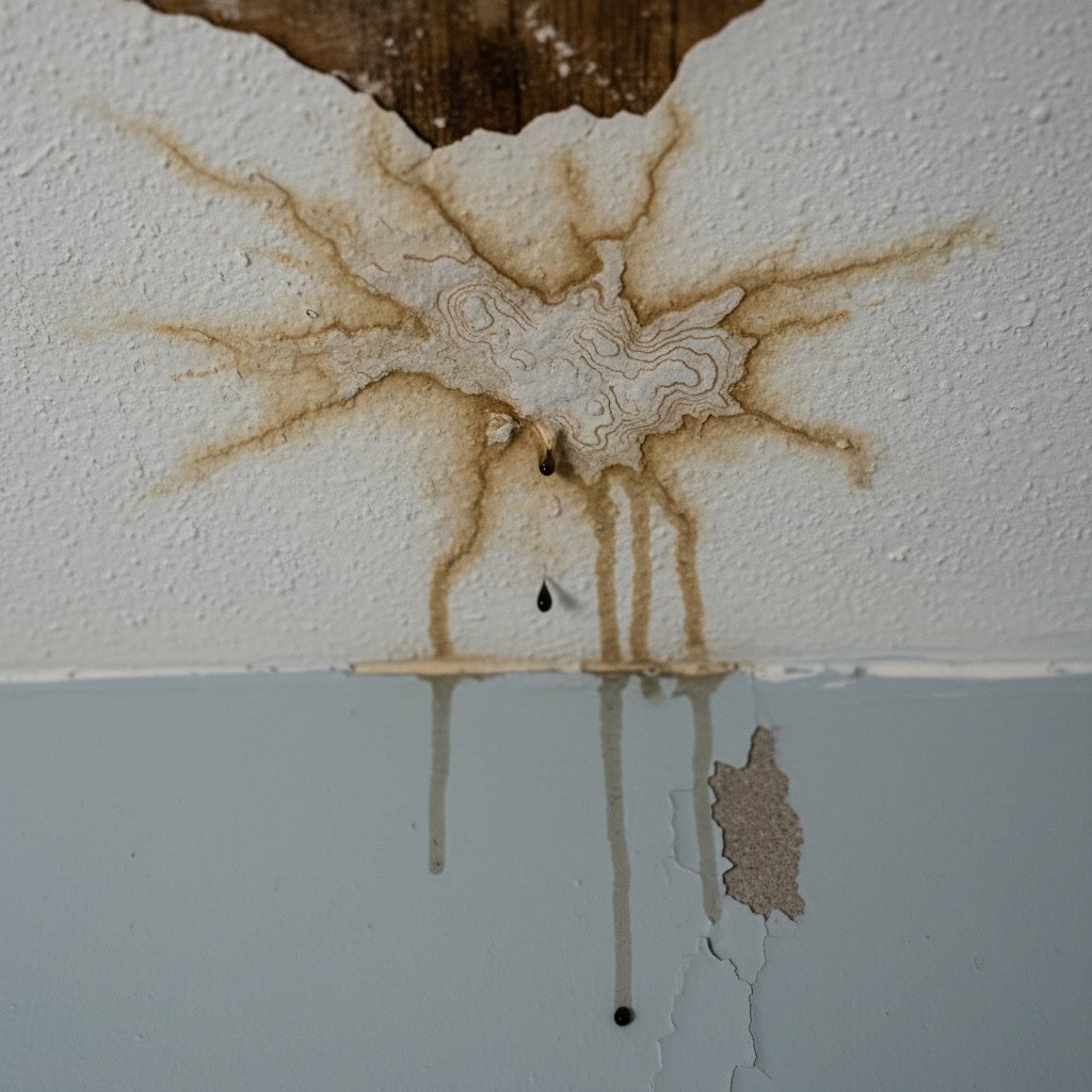 Water damage and staining on ceiling caused by failed bathroom grout