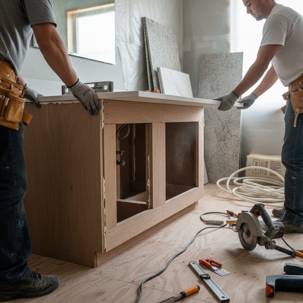 Professional installer measuring bathroom vanity for custom countertop