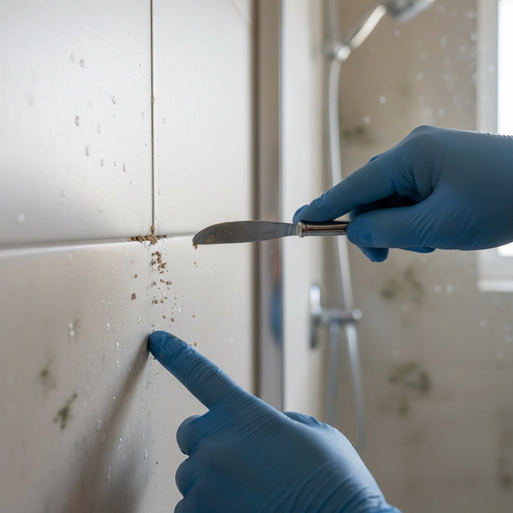 Homeowner inspecting bathroom tile and grout for signs of failure