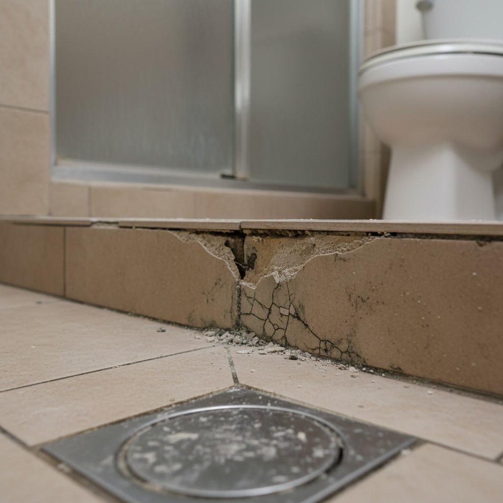 Professional contractor examining failed grout in bathroom tile shower