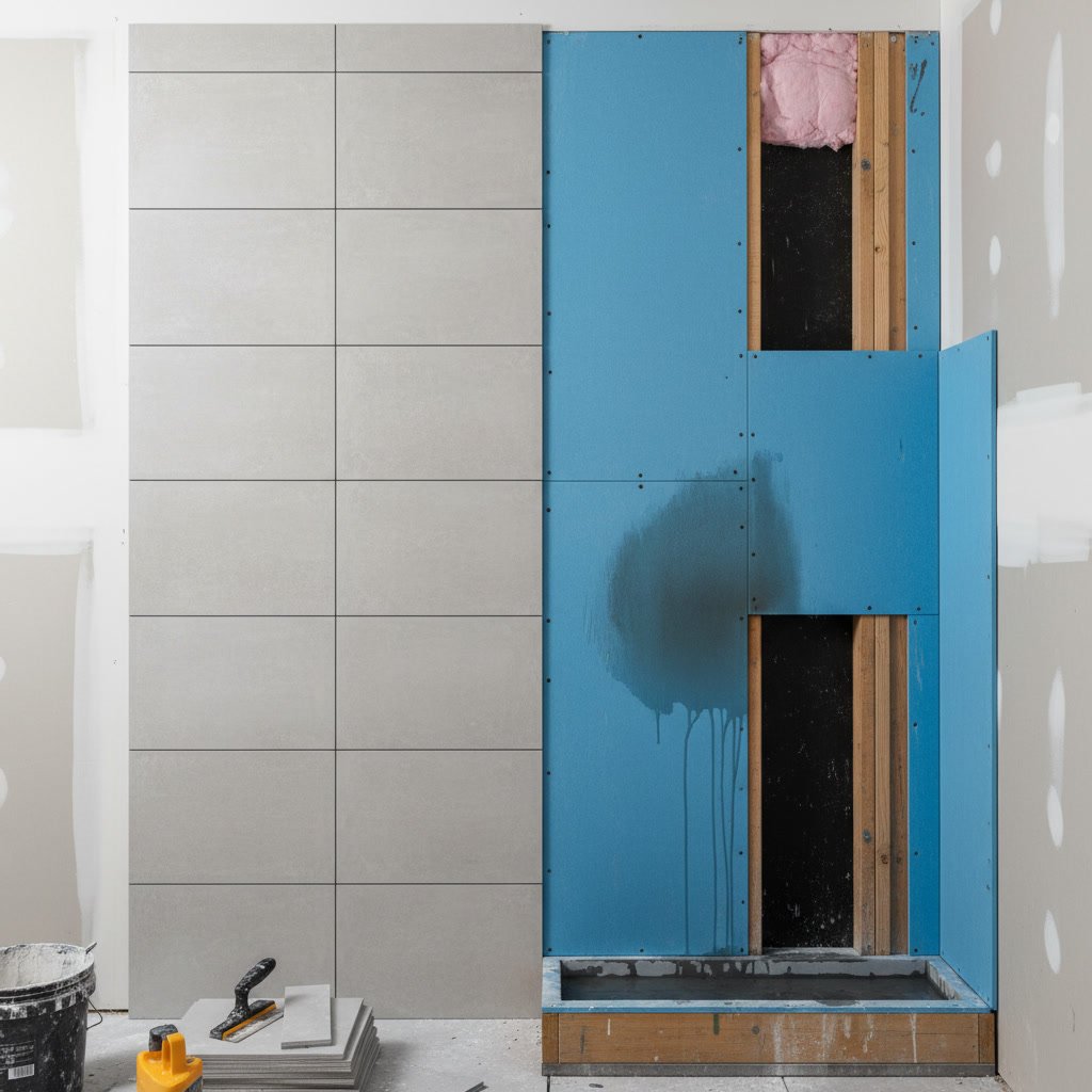 Cement backerboard panels installed on shower walls before tile application