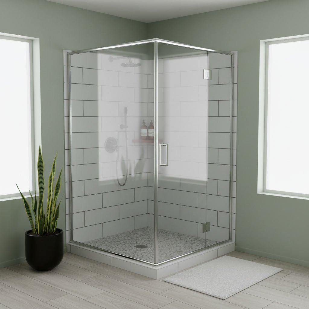 Corner shower unit installed in small bathroom with tile walls and glass door