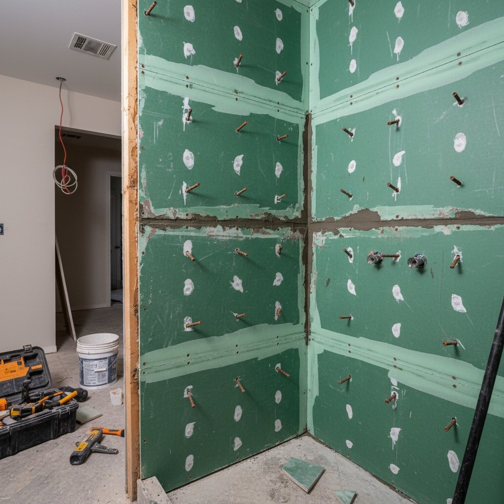 Close-up of waterproof membrane being applied over cement backerboard seams