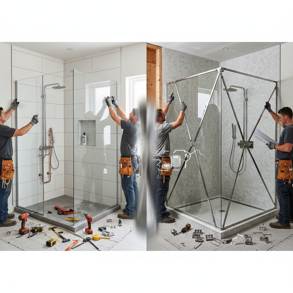 Neo-angle shower with angled glass panels in modern bathroom remodel