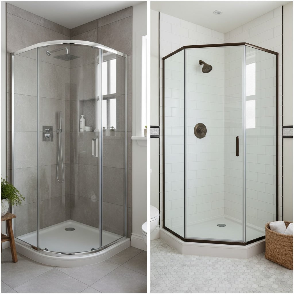 Comparison of corner and neo-angle shower layouts in small bathroom floor plan