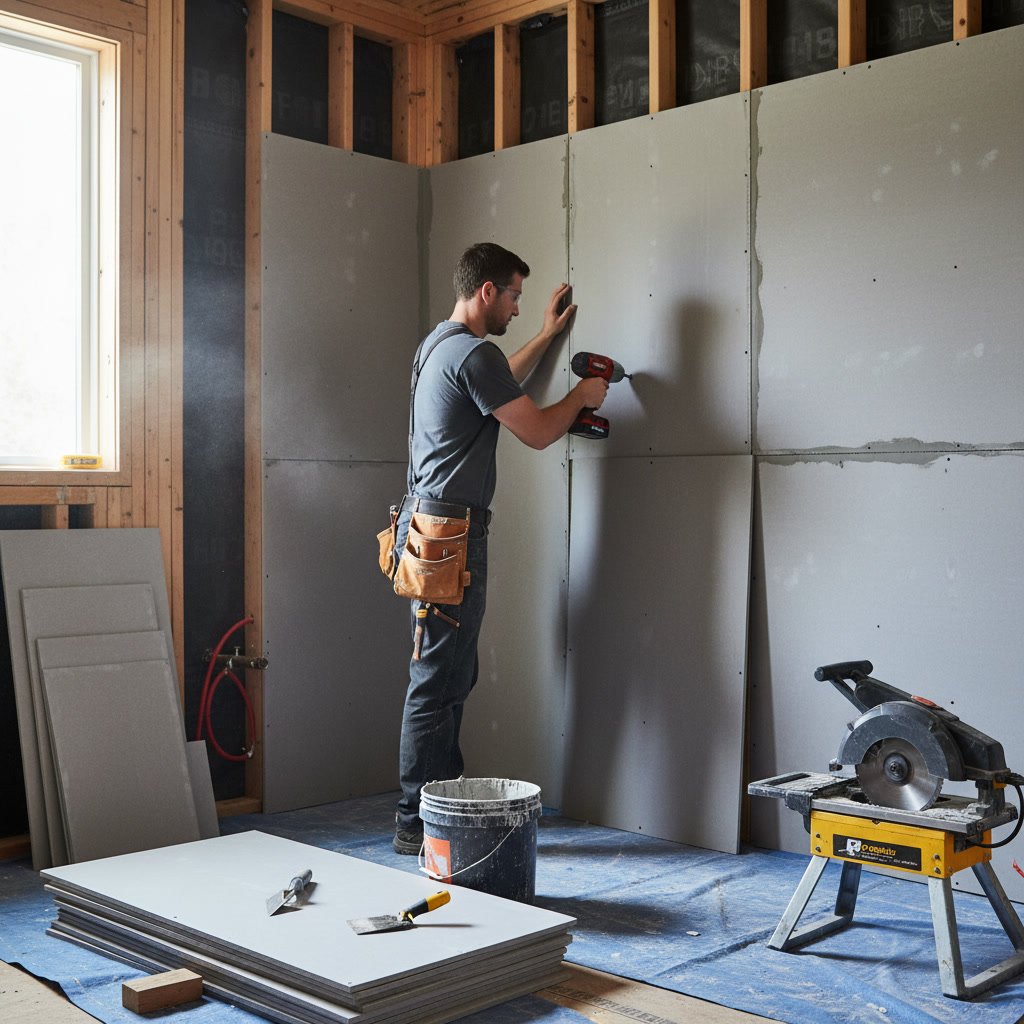 Professional bathroom renovation showing cement backerboard installation in shower area