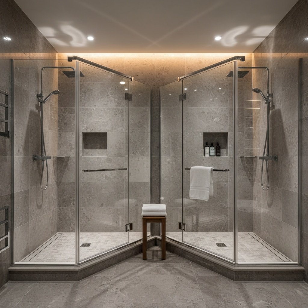 Modern corner shower and neo-angle shower side by side in small bathroom renovation